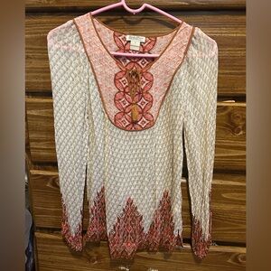 Lucky Brand Patterned Top with Red and Brown Details